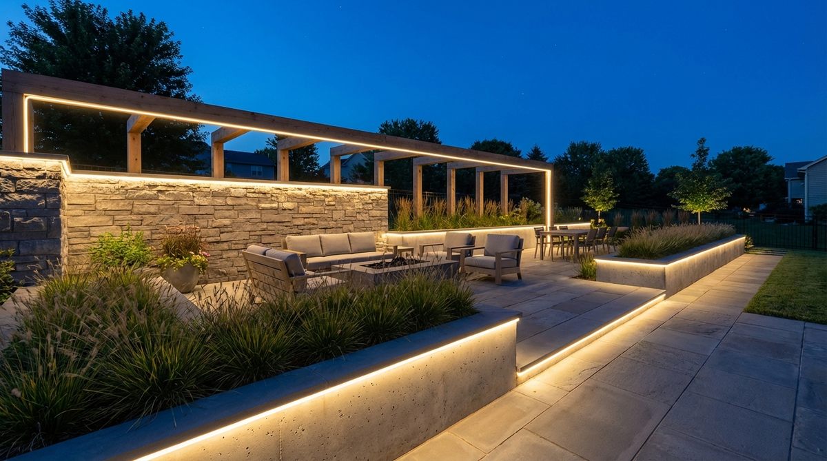Flexible LED neon tubes outlining garden architectural features, planters, and hardscape edges with a continuous contemporary glow, installed in weather-protected aluminum channels for clean visual lines.