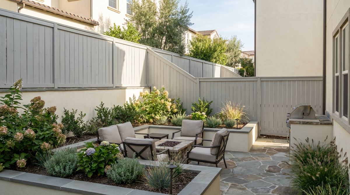 A small backyard garden with light-colored boundary treatments, showing a pale gray fence and cream-colored walls that visually recede to create the illusion of more space. The semi-gloss exterior paint reflects light, enhancing the brightening effect in the garden design.