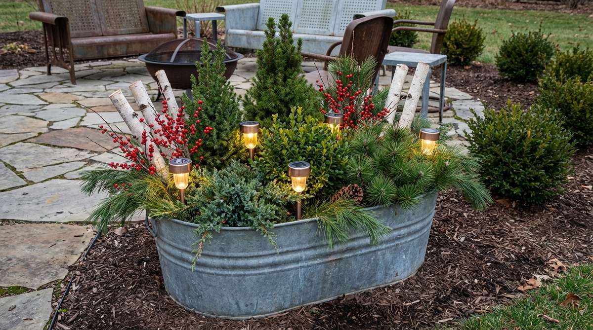 A large galvanized metal washtub container garden filled with mixed evergreen plantings, cut branches, berry stems, and birch logs, illuminated by solar stake lights. Positioned at a patio edge with vintage industrial character.