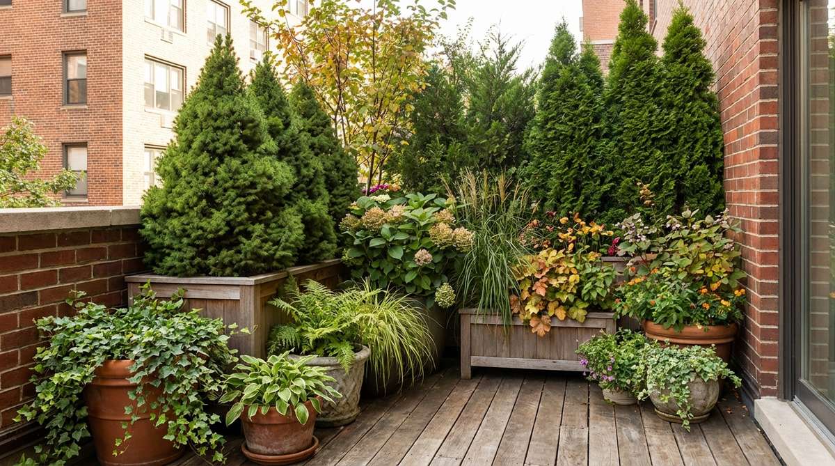 A balcony plant arrangement showing tall background plants, mid-level specimens, and short foreground plants creating natural depth and privacy screening. Evergreens provide year-round structure while deciduous plants add seasonal variation, with staggered containers blocking sight lines effectively.