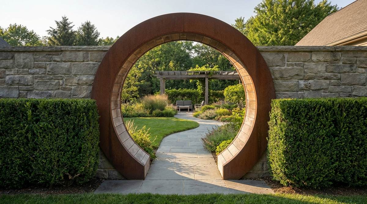 A circular moon gate portal creating a dramatic transition between garden zones, with the round form contrasting against rectilinear boundaries to draw attention and encourage passage through the opening.