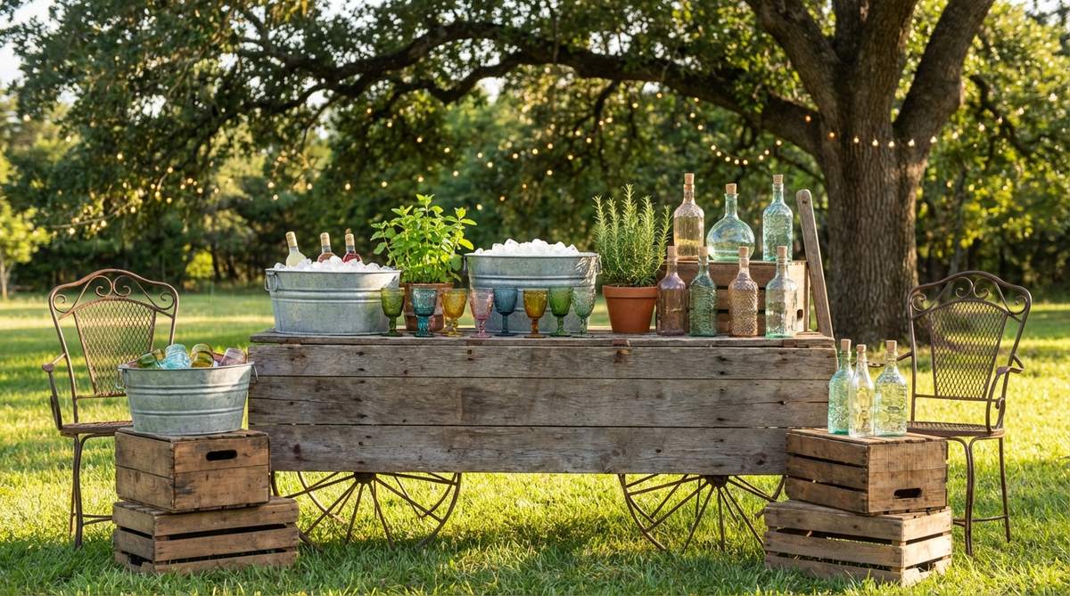 A boho-style outdoor bar cart or beverage station featuring vintage furniture, wooden crates, and metal tubs, stocked with colorful glassware, herbs for cocktails, and decorative bottles, perfect for entertaining and adding a decorative focal point to your outdoor space.