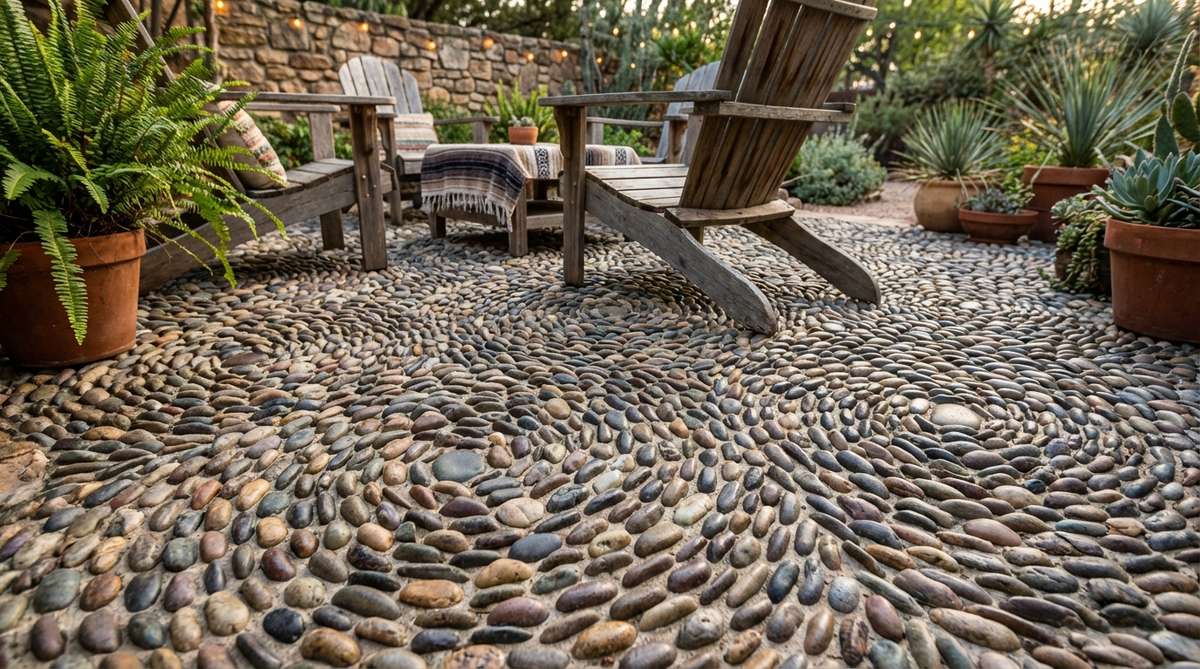 A close-up view of a handcrafted pebble mosaic patio in a boho garden, featuring river rocks arranged in intricate patterns to create artistic flooring beneath seating areas. The textured surface provides excellent drainage and serves as permanent garden artwork, with stones set vertically in sand or mortar and sealed for durability and weather resistance.