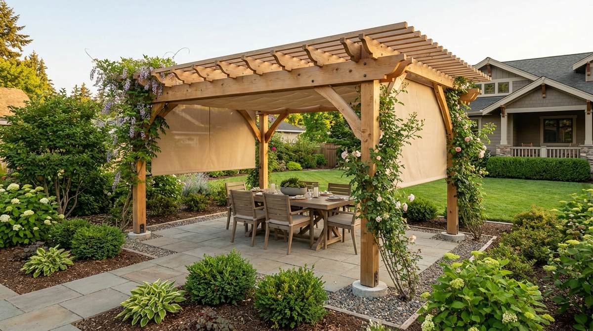 An outdoor pergola structure made of cedar, vinyl, or aluminum, featuring an open-roof framework that defines an outdoor room while supporting climbing plants. The pergola has standard 10x10 or 12x14 foot footprints suitable for accommodating dining sets, with anchor posts secured in concrete footings extending below the frost line. Roof slats are oriented north-south for balanced shade patterns, and retractable canopies provide adjustable coverage.