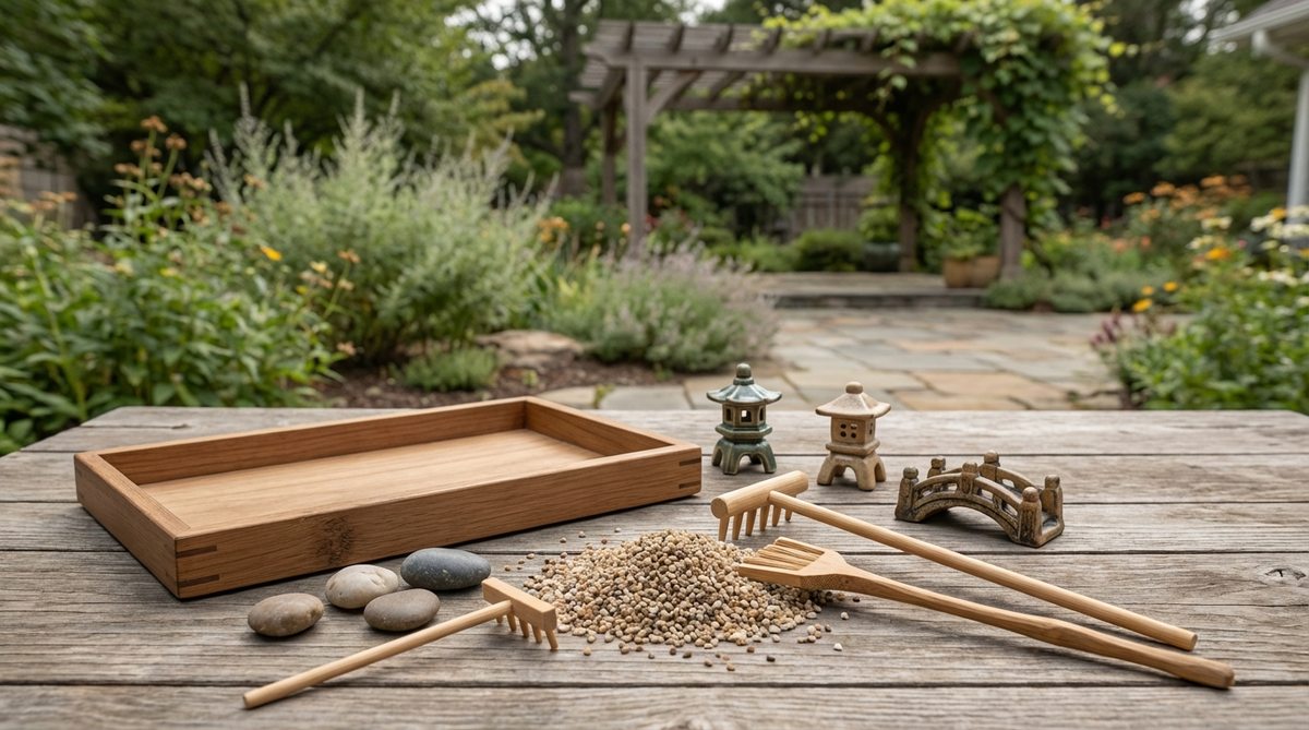 Digital 3D printer files showing various miniature zen garden components including tray shapes, rakes, and decorative elements for custom creation.