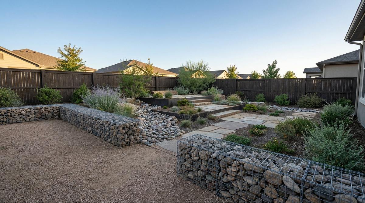 A modern garden featuring rock gabion walls - wire cages filled with local stone creating textured, modular walls that blend structural function with visual appeal. The geometric composition shows excellent drainage design and cost-effective boundary solutions for contemporary landscapes.