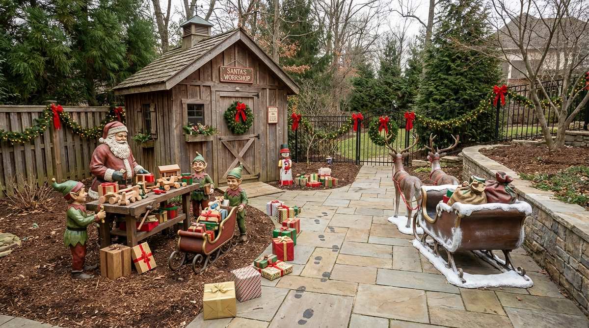 A festive outdoor Christmas decor scene depicting Santa's workshop with Santa Claus, elves, a workbench, and toy elements arranged to create a narrative story across a yard space. The vignette is designed to suggest activity flow from the workshop building to toy loading and sleigh departure, inviting viewers to engage with the storyline and guiding attention in a deliberate progression.