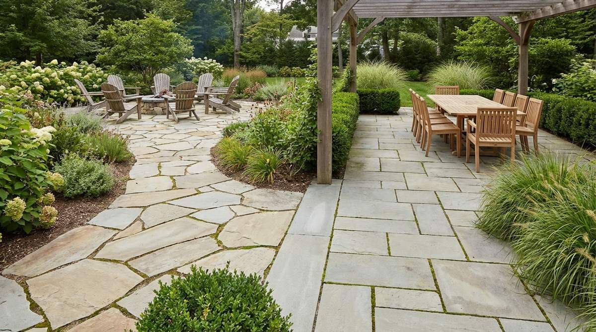 A stone patio foundation showcasing both flagstone and cut stone options for outdoor rooms. The natural stone materials are shown in a garden setting, demonstrating how they can accommodate furniture and entertaining while weathering gracefully. The image illustrates the difference between irregular flagstone for a casual ambiance and precisely cut stone for a more formal appearance, with examples of both sand-set permeable drainage and mortar-set stable surfaces.