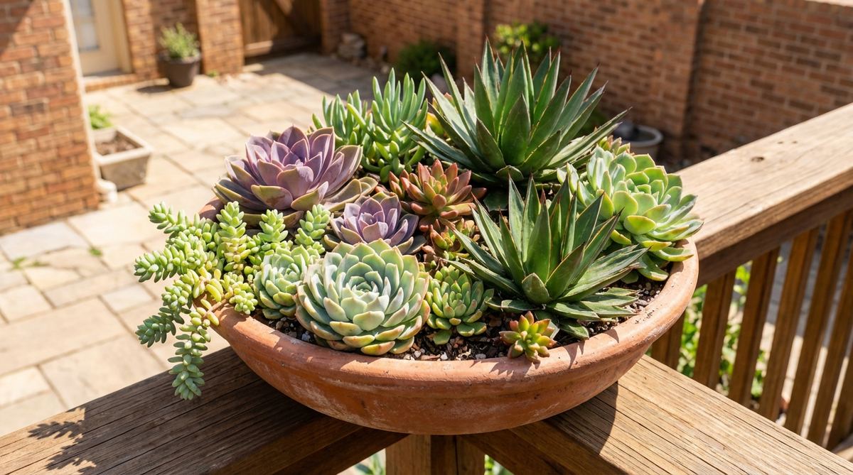 A vibrant arrangement of drought-tolerant succulents in a shallow container, showcasing architectural forms and varied colors, ideal for low-maintenance balcony decor in full sun conditions.