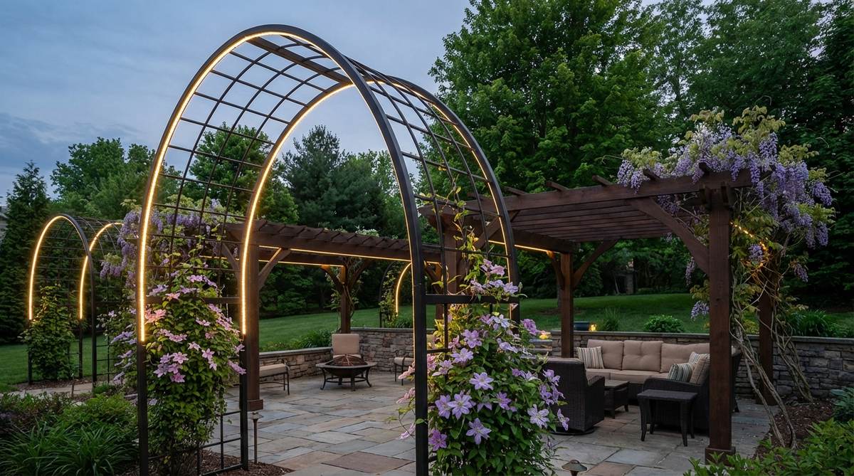 Flexible LED ribbons integrated into trellis structures, outlining architectural frameworks and illuminating climbing plants with minimal visible hardware, ideal for uplighting flowering vines in outdoor decor settings.