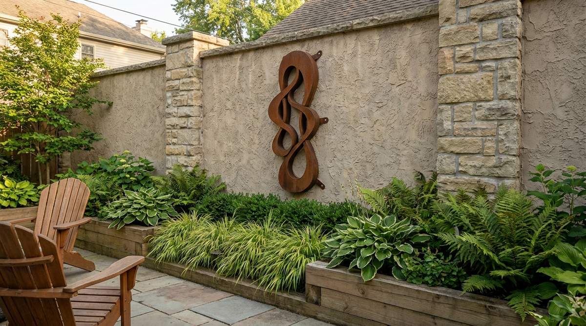 A weather-resistant sculpture mounted on a boundary wall in a compact garden, drawing eyes upward without using ground space, with abstract forms complementing organic planting to avoid a cluttered feel.