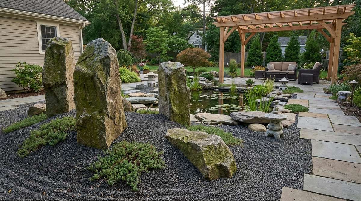 A Japanese garden composition featuring tall upright stones with a 2:1 or 3:1 height-to-width ratio, buried one-third to one-half of their height for stability. The vertical rocks create dynamic tension against low horizontal elements, symbolizing mountains and spiritual aspiration in traditional garden design.
