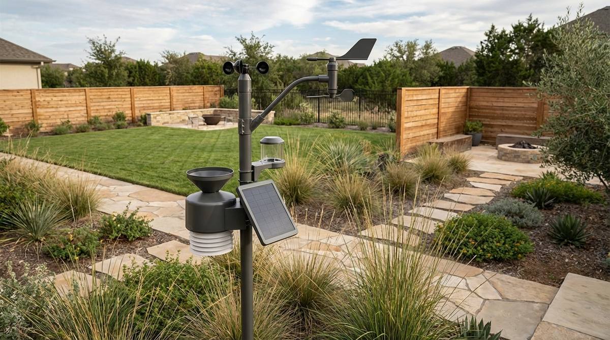 A modern weather station integrated into a contemporary garden, measuring temperature, humidity, wind speed, and rainfall to provide hyperlocal data for precise irrigation control.