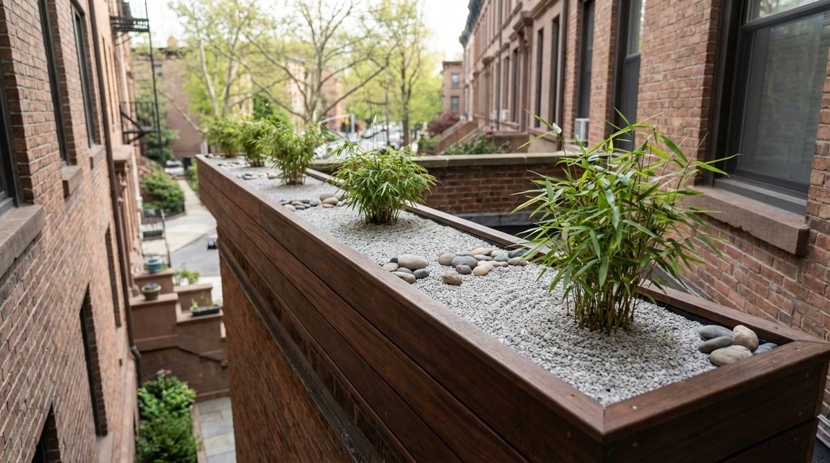 A serene window box transformed into an elongated zen garden, featuring fine gravel, small stones, and dwarf bamboo arranged in a confined linear format. This innovative design brings zen principles to apartment dwellers without ground access, with the elevated position creating an interesting perspective on miniature garden design.