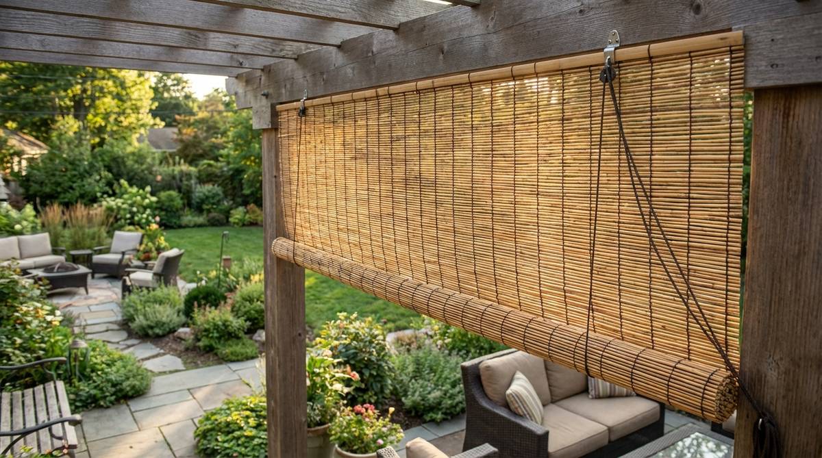 A natural bamboo roll-up shade attached to a pergola side, blocking afternoon sun while allowing breezes when opened. The exterior-grade bamboo adds organic texture and pattern to outdoor spaces, filtering light and maintaining a connection to nature. Mounted with corrosion-resistant hardware and secured for windy conditions.