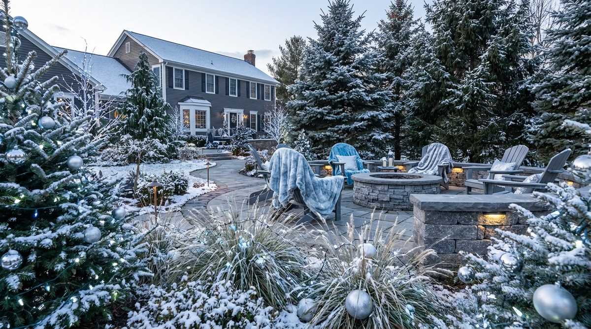 A cool-toned outdoor Christmas decor setup featuring icy blues and metallic silvers, creating a winter wonderland atmosphere with cool white or blue-tinted LED lighting, silver ornaments, and frosted finishes for a modern aesthetic.