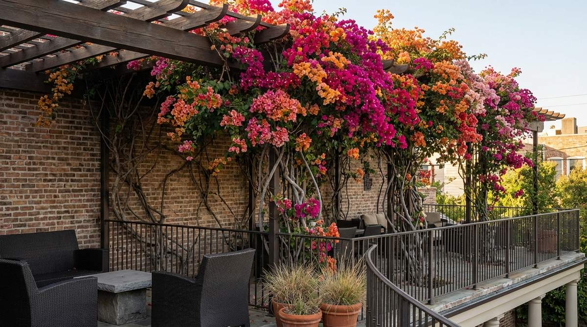A vibrant bougainvillea climbing canopy creating a living wall of colorful bracts on a balcony. The woody vines cover overhead structures and vertical supports, thriving in sunny, exposed locations with slight drought stress to maximize bloom abundance.