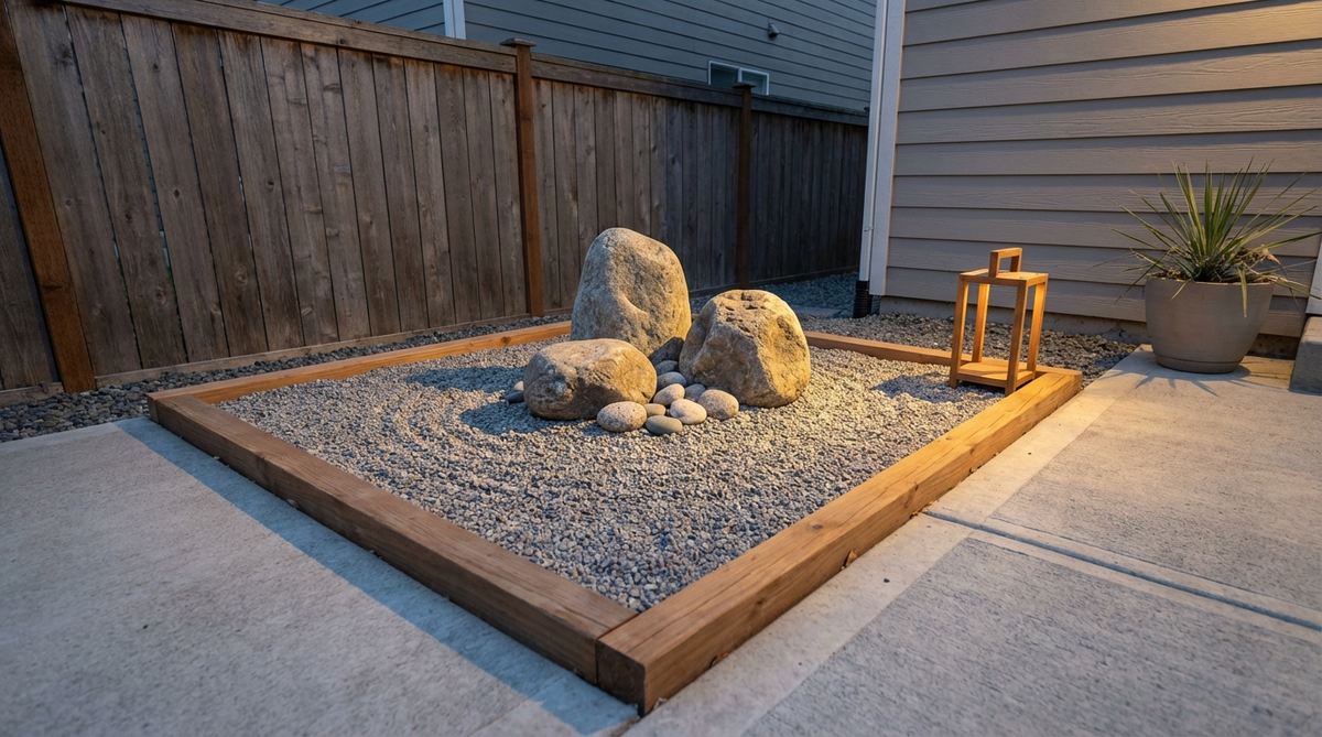 A minimalist Zen garden arrangement featuring a single grouping of stones surrounded by gravel, designed for small spaces like corners. Ideal for meditation focus, with evening lighting casting shadows, suitable for rental properties where permanent landscape changes are not allowed.