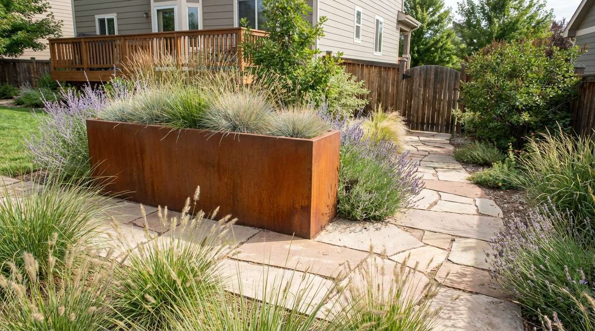 A corten steel planter showcasing its warm orange-brown rust patina, used as a movable focal point in a small garden space. The industrial material contrasts with soft plant textures, highlighting its role in extending the growing season by warming soil efficiently.