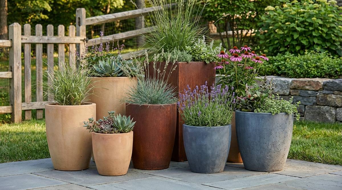 A dynamic arrangement of decorative pots in an odd-numbered grouping, showcasing varied heights and finishes. The asymmetrical cluster includes ceramic, metal, and concrete containers unified by a consistent color palette and planting theme, demonstrating textural richness for small garden spaces.