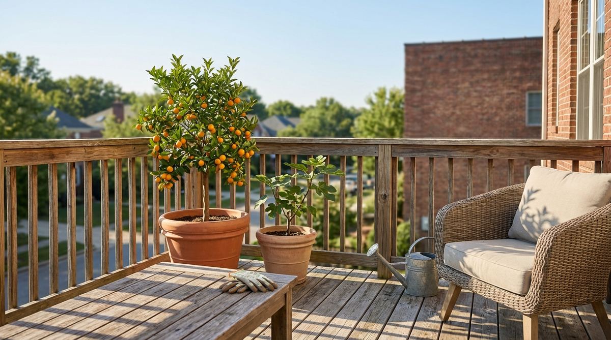 A compact dwarf fruit tree in a container on a sunny balcony, featuring edible fruits like citrus, fig, or apple varieties, ideal for small spaces with ornamental and functional harvest benefits.