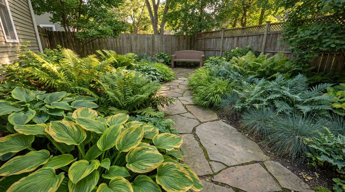 Illustration showing forced perspective technique in a small backyard garden, with progressively smaller plants from front to back to create depth illusion. Features large-leaved hostas in foreground transitioning to fine-textured ferns in background, demonstrating 20-30% size reduction and warm-to-cool color gradation.