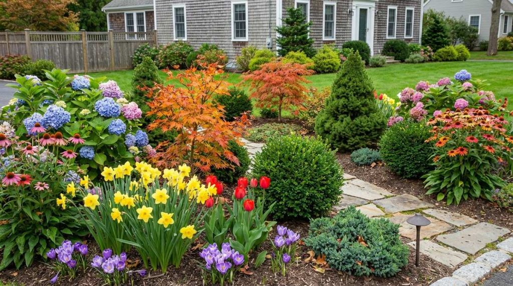 A beautifully designed garden border showcasing plants that provide visual interest across all four seasons. The image features spring bulbs in bloom, summer perennials at their peak, autumn foliage with warm colors, and evergreen structural plants, demonstrating how strategic plant selection creates continuous appeal in garden aesthetics.