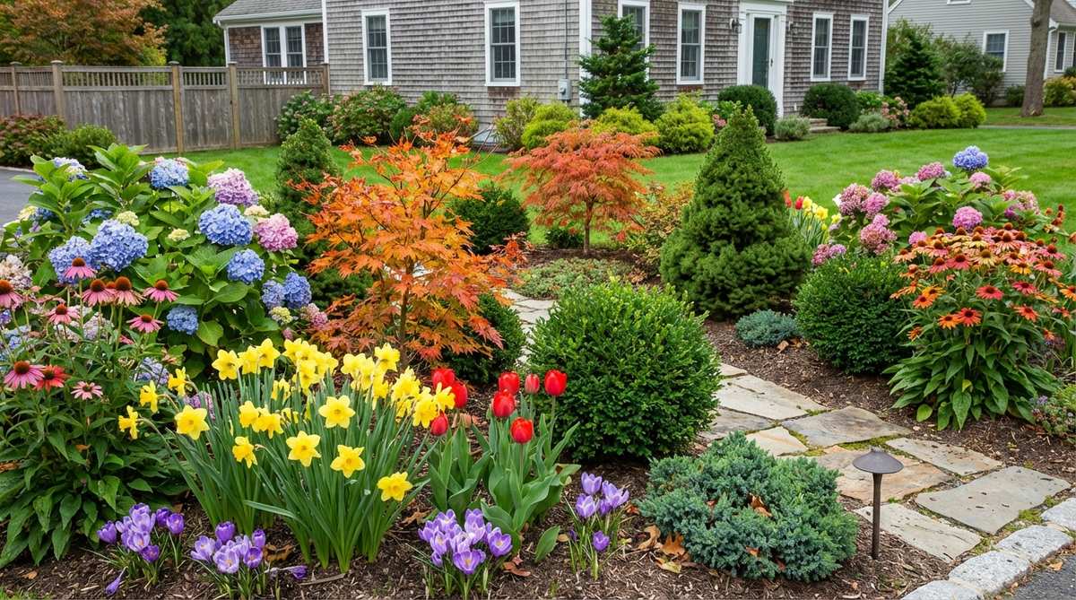 A beautifully designed garden border showcasing plants that provide visual interest across all four seasons. The image features spring bulbs in bloom, summer perennials at their peak, autumn foliage with warm colors, and evergreen structural plants, demonstrating how strategic plant selection creates continuous appeal in garden aesthetics.