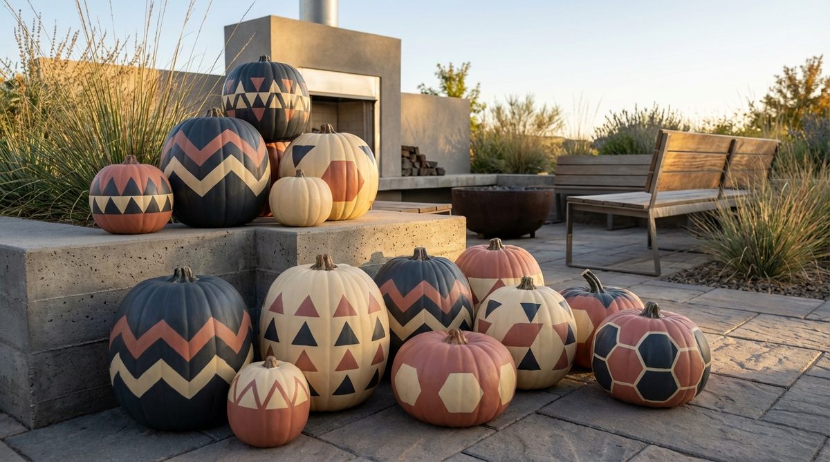 A modern fall outdoor decor concept featuring pumpkins painted with geometric patterns using painter's tape. Chevrons, triangles, and hexagons are created in contrasting colors with crisp lines, suitable for minimalist architecture and urban outdoor spaces. The design uses a restrained color palette of 2-3 coordinating hues, transforming seasonal pumpkins into intentional design statements that function as outdoor sculpture for contemporary landscapes.