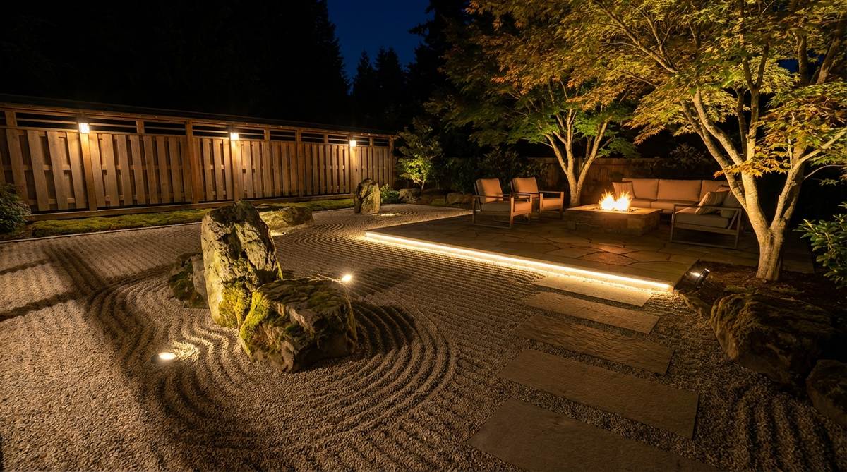 An illuminated Japanese Zen garden at night, featuring LED lighting that highlights stone forms and raked textures in a karesansui, creating dramatic effects and extending viewing hours for hospitality settings.