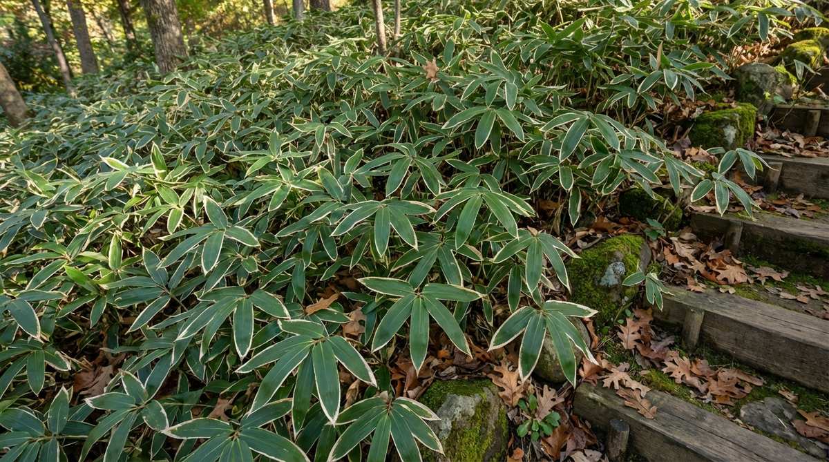 Close-up of Kuma bamboo (Sasa veitchii) showing its broad leaves with distinctive white margins that appear in fall, creating a variegated winter appearance. This short-statured bamboo (3-5 feet tall) creates a groundcover effect with bold foliage, ideal for erosion control on slopes in woodland settings. The image captures the textural interest this shade-tolerant bamboo adds to Japanese gardens in zones 6-9.