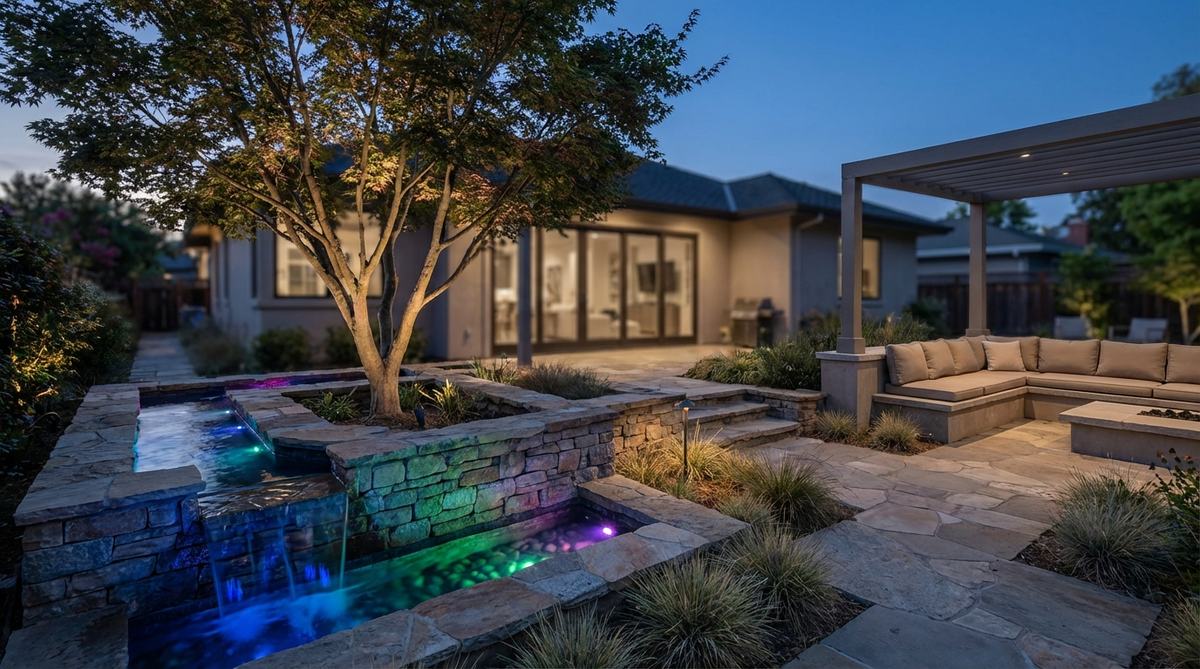RGB LED fixtures illuminating a water feature and specimen tree in a contemporary garden, showcasing customizable color transitions for entertaining or seasonal celebrations.