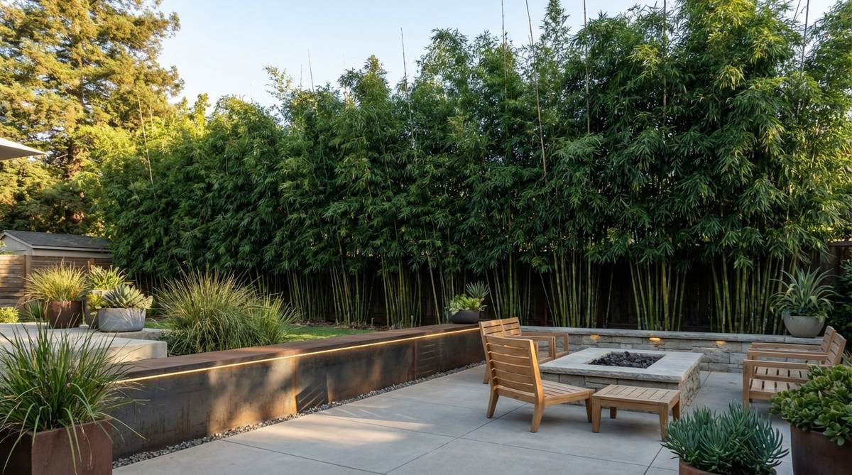 A dense evergreen screen of clumping bamboo, showcasing vertical culms and fine-textured foliage that provide privacy and wind protection in a modern garden setting, complementing hardscape materials.