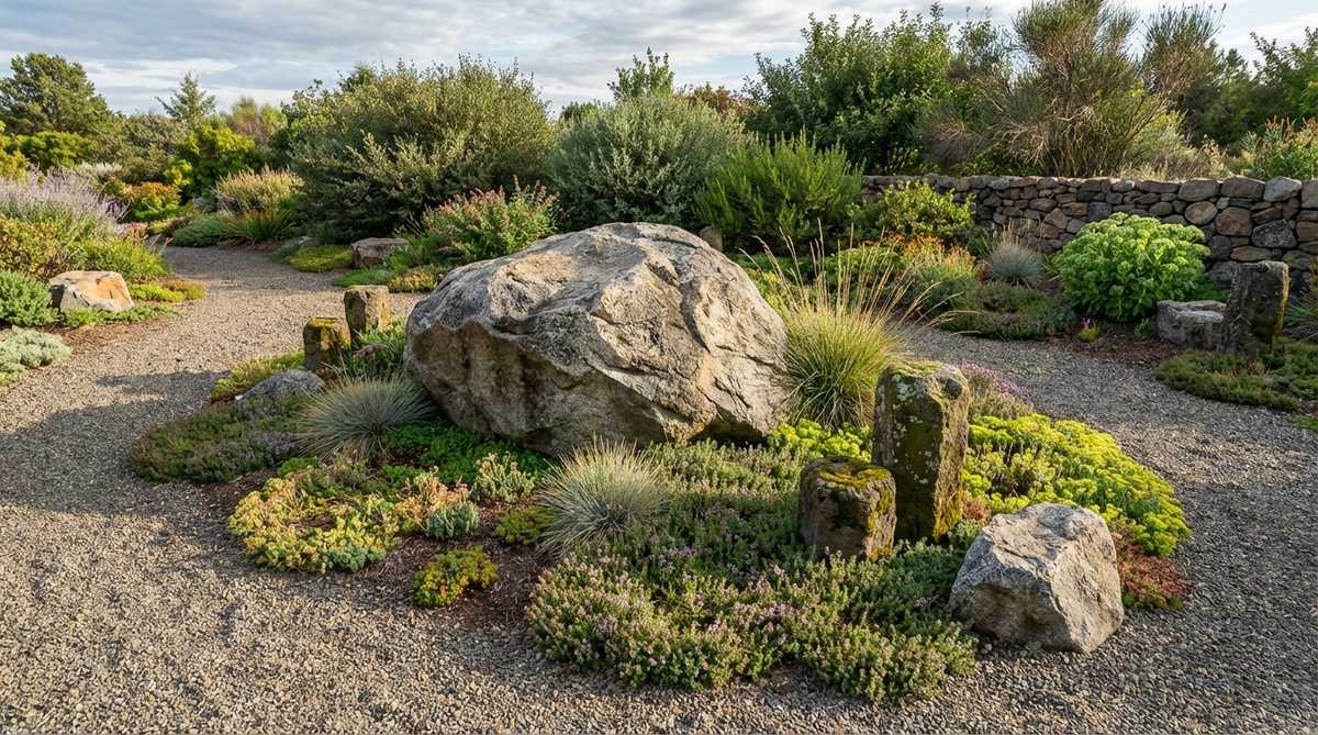 A large monolithic boulder weighing 500-2000 pounds placed as a sculptural element in a gravel garden, serving as a naturalistic focal point. The stone is surrounded by low groundcovers to emphasize its mass, with moss rock, basalt columns, or granite erratics offering distinct character. The boulder is positioned using a crane during construction or buried in the lower third to create a natural appearance.