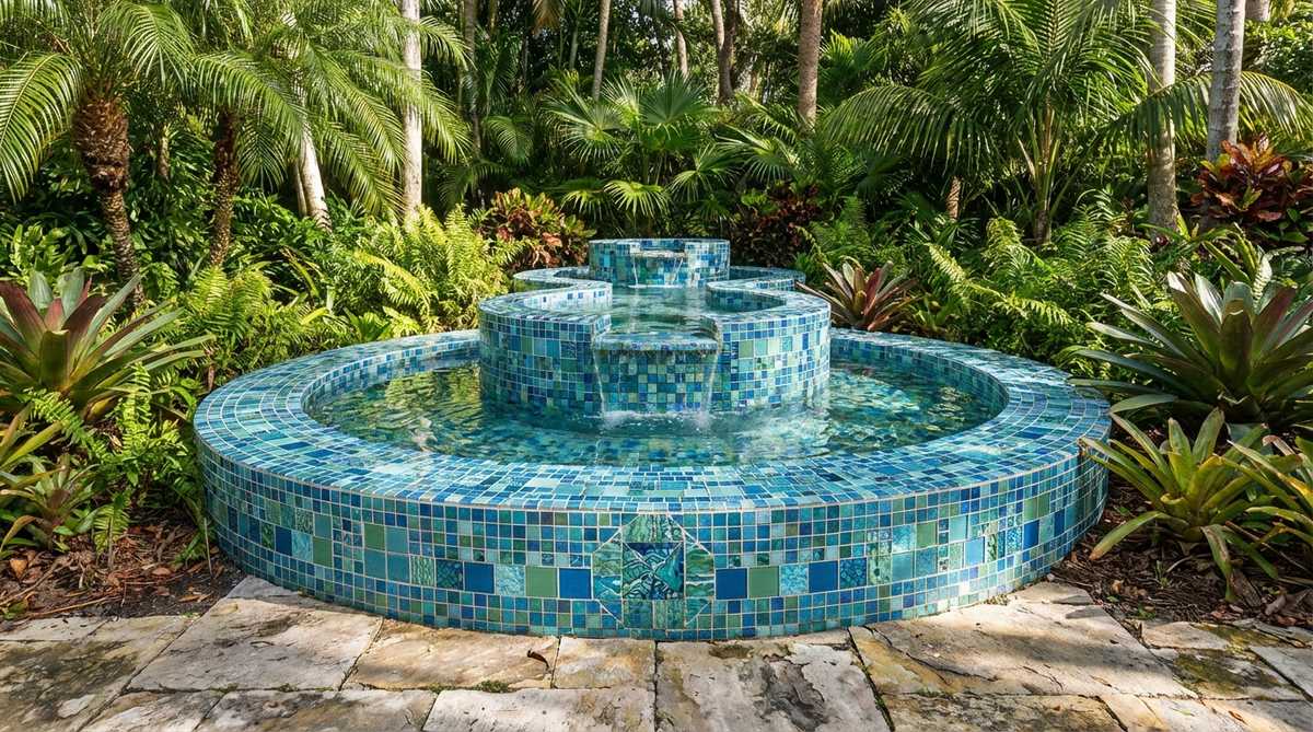 A vibrant tropical garden water feature with mosaic tile surround using bright glass and ceramic tiles in Mediterranean blues, greens, and turquoise colors. The decorative hardscape technique adds refinement to the fountain basin, reflecting light and water beautifully in a lush garden setting.