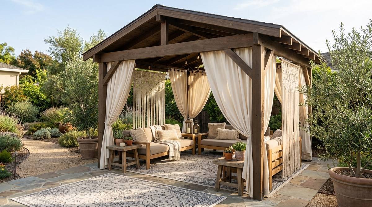 A simple post-and-beam outdoor cabana draped with canvas or outdoor curtains, providing shade and airflow in a boho garden setting. Features an 8x10 foot structure with corner posts supporting a flat or pitched roof, open sides for fabric panels, and includes outdoor rugs, low seating, and side tables to create a complete outdoor lounge zone.