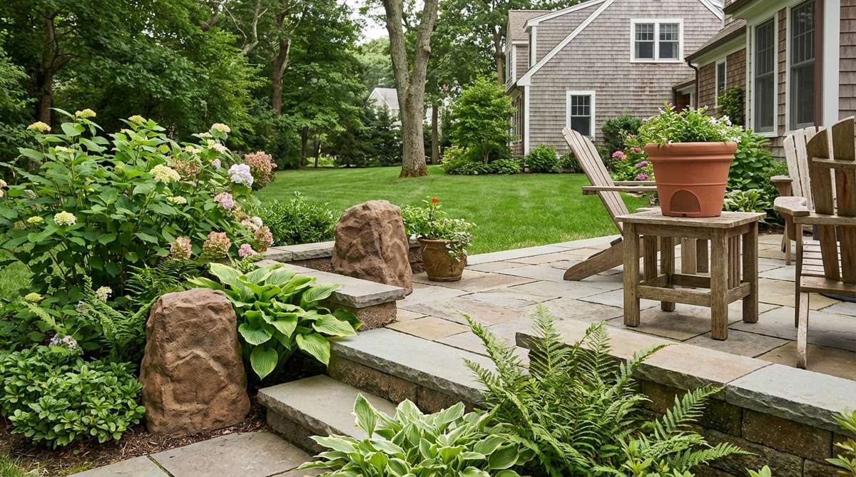 Weather-resistant outdoor speakers camouflaged as rocks or planters in a cozy garden setting, delivering background music or nature sounds via Bluetooth connectivity to enhance ambiance without visible technology.