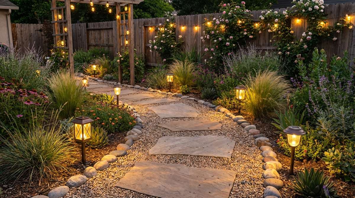 A boho-inspired garden pathway defined with solar stake lights and lanterns placed every 3-4 feet along a natural flagstone and gravel surface, edged with river stones and irregular stepping stones through planted areas, creating magical evening ambiance and safe navigation in outdoor spaces.