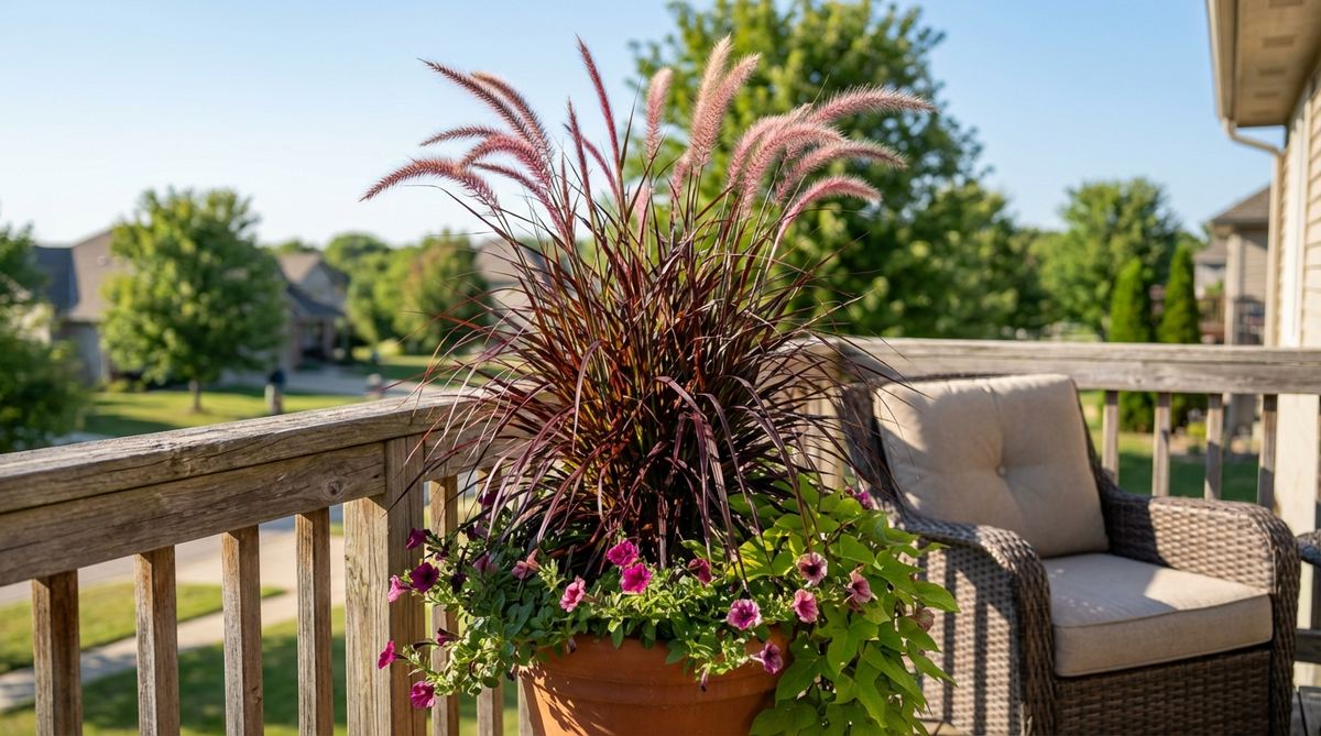 Close-up of Purple Fountain Grass, a tender perennial with burgundy foliage and pink plumes, thriving in full sun on a balcony. Ideal as a thriller plant in mixed containers, it tolerates heat and dry conditions, often grown as an annual in cold climates.