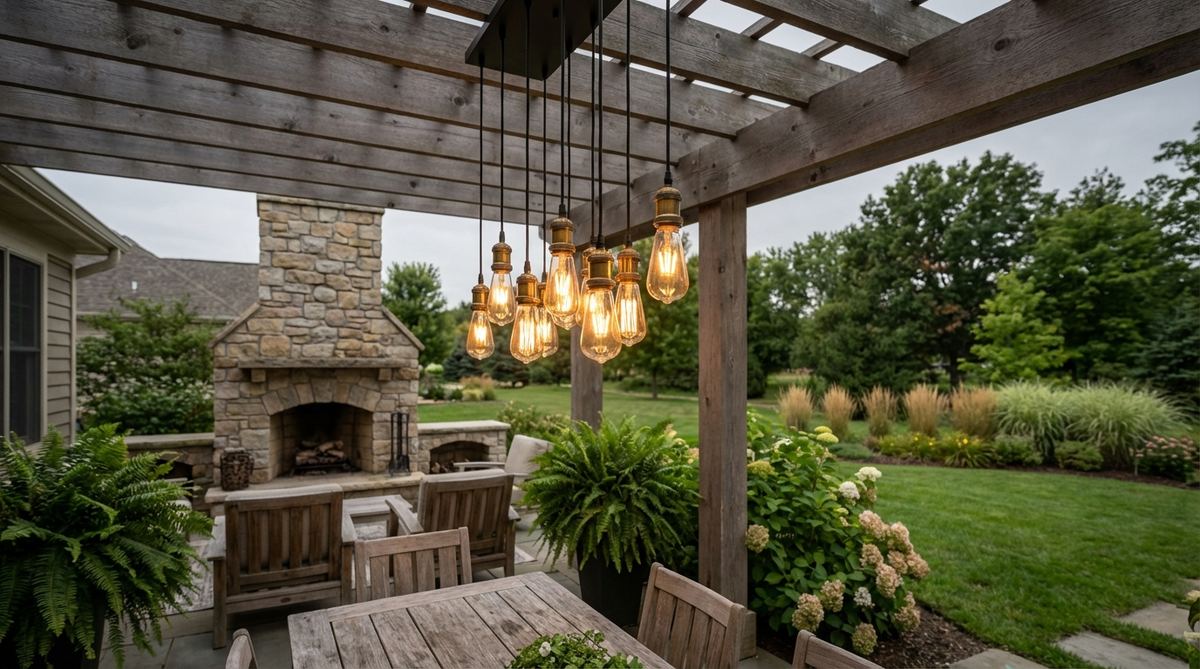 A vintage-style Edison pendant light with exposed filament LED bulbs, hanging from a pergola or porch ceiling to create warm, intimate lighting in outdoor living areas.