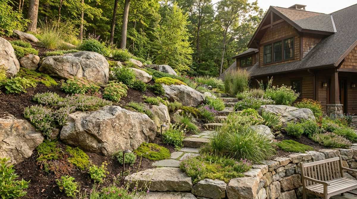 A rock garden on a steep slope showing boulders partially buried for stabilization with alpine plants like sedums and thymes growing between stones to prevent soil erosion.