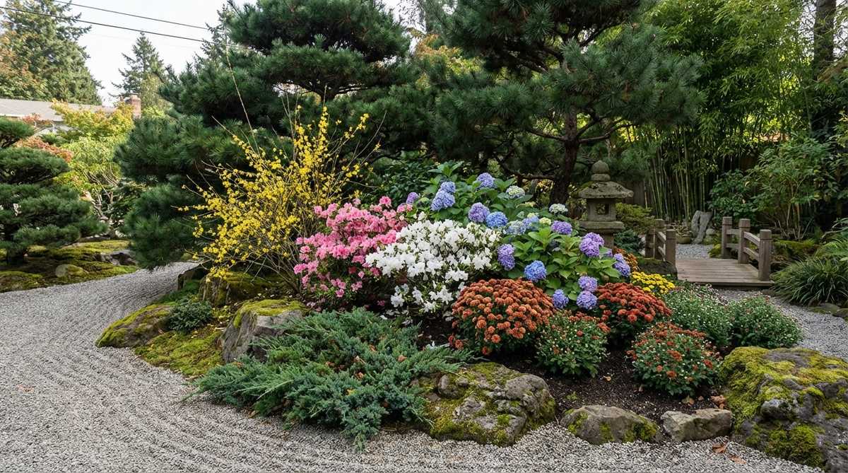 A Japanese garden spotlight area showcasing rotating seasonal blooms—winter jasmine, spring azalea, summer hydrangea, and autumn chrysanthemum—planted in succession. The concentrated display is framed by evergreen structure, emphasizing the contrast between permanent elements and ephemeral blooms to reinforce Buddhist impermanence concepts.