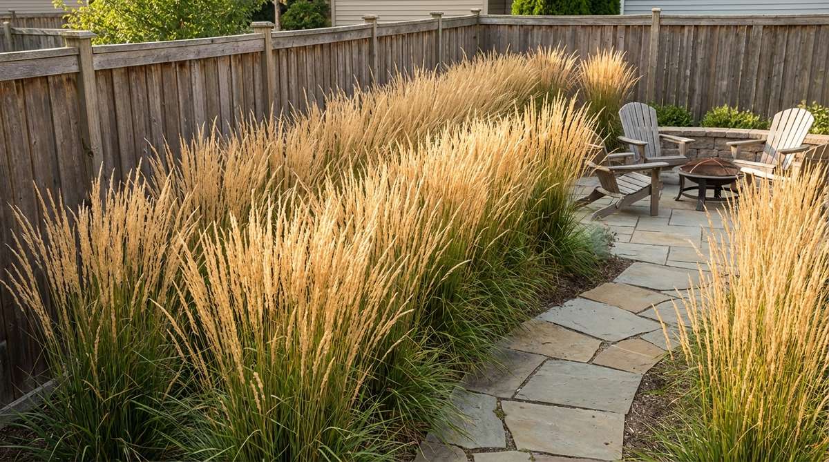 A small garden backyard featuring a bold mass planting of a single ornamental grass species, creating a unified and low-maintenance visual impact through repetition of texture and color.