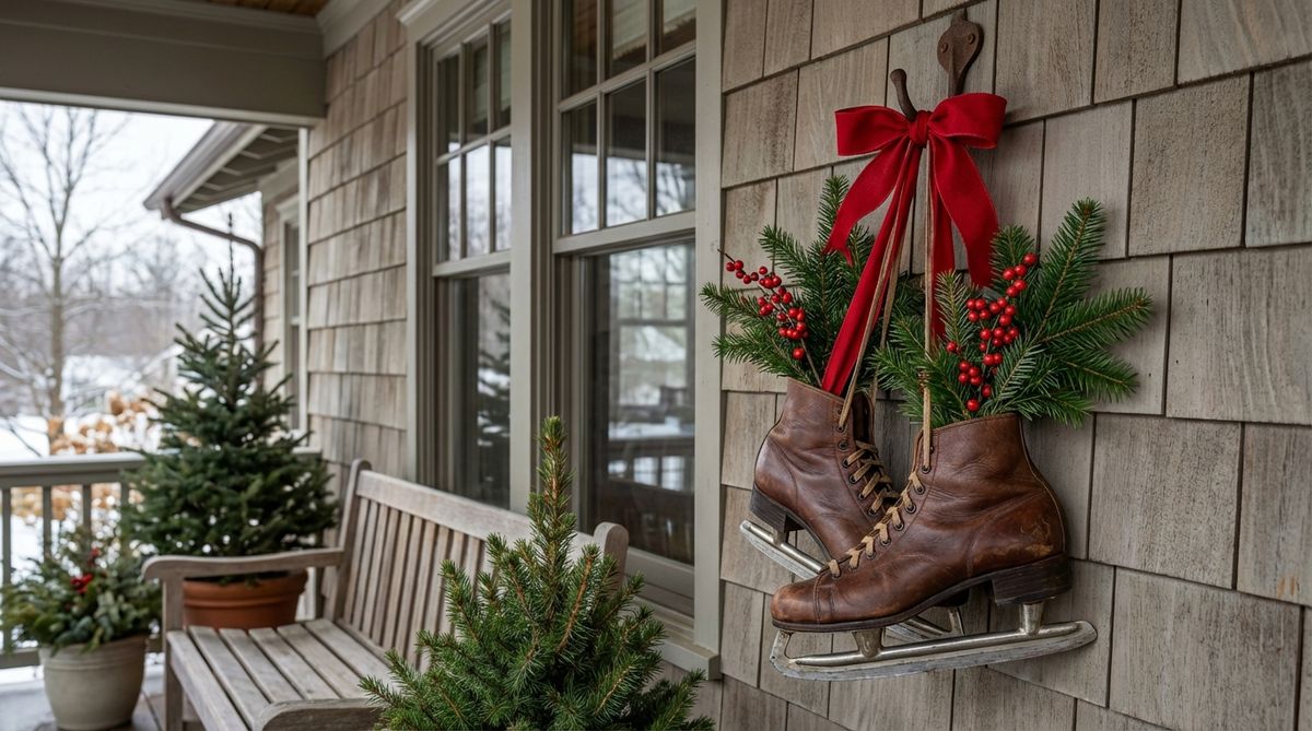 Antique leather ice skates decorated with evergreen sprigs and berry stems, hung on an exterior wall with ribbon bows. This nostalgic winter-themed garden accent adds decorative charm to covered porches and outdoor spaces.