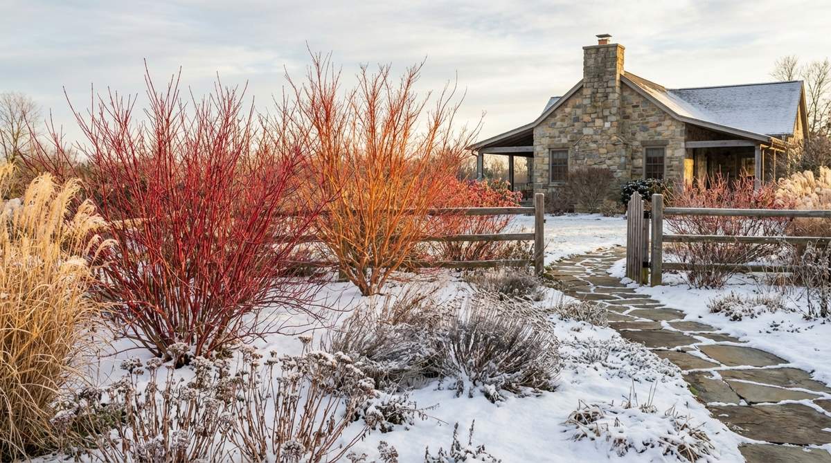 Red-twig dogwood and coral-bark maple shrubs with vibrant colorful stems providing winter interest in a cottage garden, backlit by low winter sun against snow or dormant landscape.