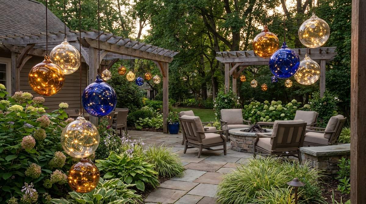 Hand-blown glass globes in amber, cobalt, and clear finishes encasing LED lights, ideal for courtyard gardens as decorative garden decor lights.