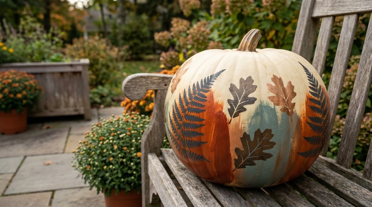 A close-up photo showing leaf and fern stencils applied to a painted pumpkin with contrasting autumn colors, demonstrating professional outdoor fall decor technique that blends traditional and contemporary aesthetics.