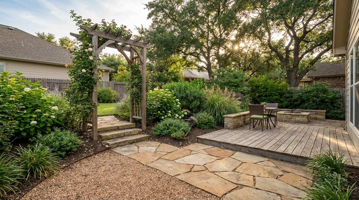 A small backyard garden design showcasing continuous flooring materials such as gravel, pavers, or decking to create visual continuity and make the space appear larger, with transitions at logical points like steps or archways.