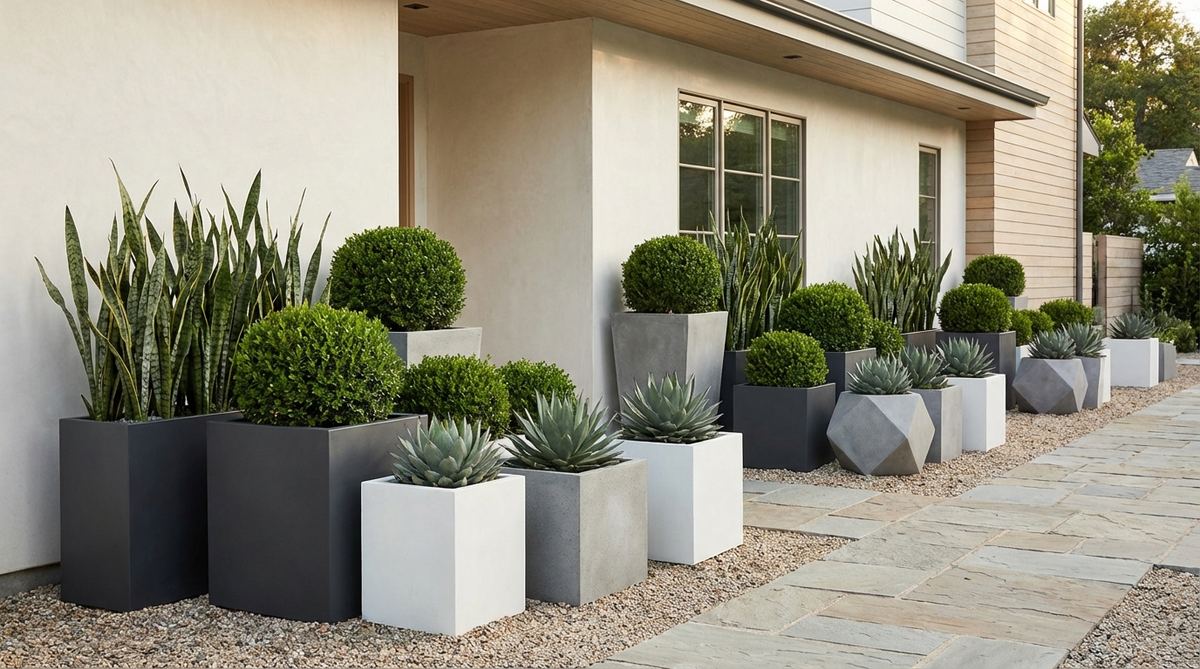 A collection of angular geometric planters in cube, rectangular, and faceted forms, crafted from powder-coated metal, concrete, or fiberglass with monochromatic finishes in black, white, or concrete gray. These modern vessels are arranged in rhythmic repetition along a building facade, planted with architectural specimens like snake plants, agave, and boxwood spheres to create a dynamic contemporary garden display.
