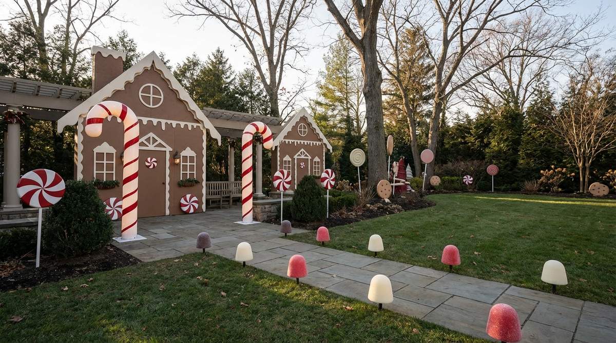 Outdoor Christmas decor with gingerbread house theme featuring oversized candy decorations, gumdrop pathway markers, and peppermint swirl columns in sophisticated brown, white, and red color scheme.